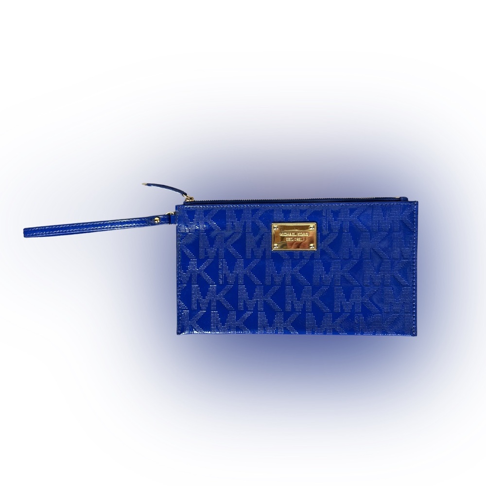 Michael Kors Patent Leather MK Royal Blue Logo Wristlet - Picture 2 of 7